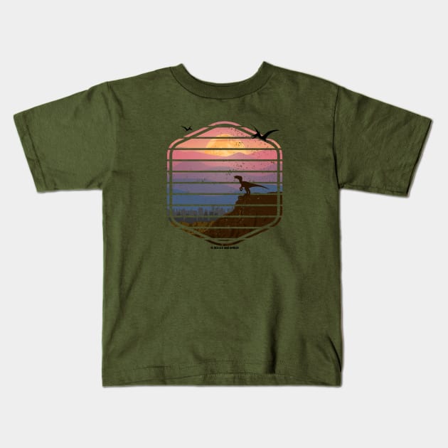 Jurassic T Rex Sunset - Blue Velociraptor CityScape Kids T-Shirt by Jurassic Merch